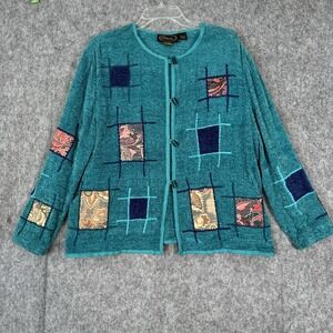 Vtg Alex Kim Sweater Womens Medium Embroidered Patchwork Art To Wear Button Twee